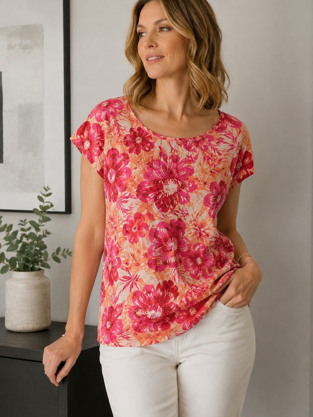 Sigrid Olsen Pink and Orange Floral Scoop Neck Short Sleeve Top